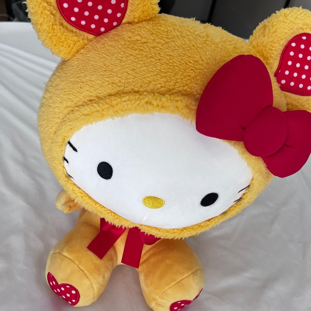 New Sanrio Hello Kitty Yellow Teddy Bear Suit Costume With Hearts 12” Plush